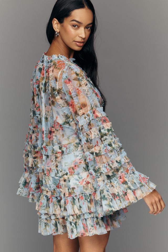 knee length dresses for ladies Ruffled Floral Embellished Flutter Sleeve A-Line Gown