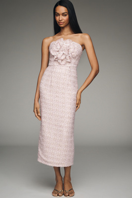 3D Floral Strapless Midi Dress
