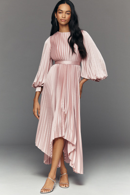 Pleated Charmeuse Long-Sleeve Midi Dress