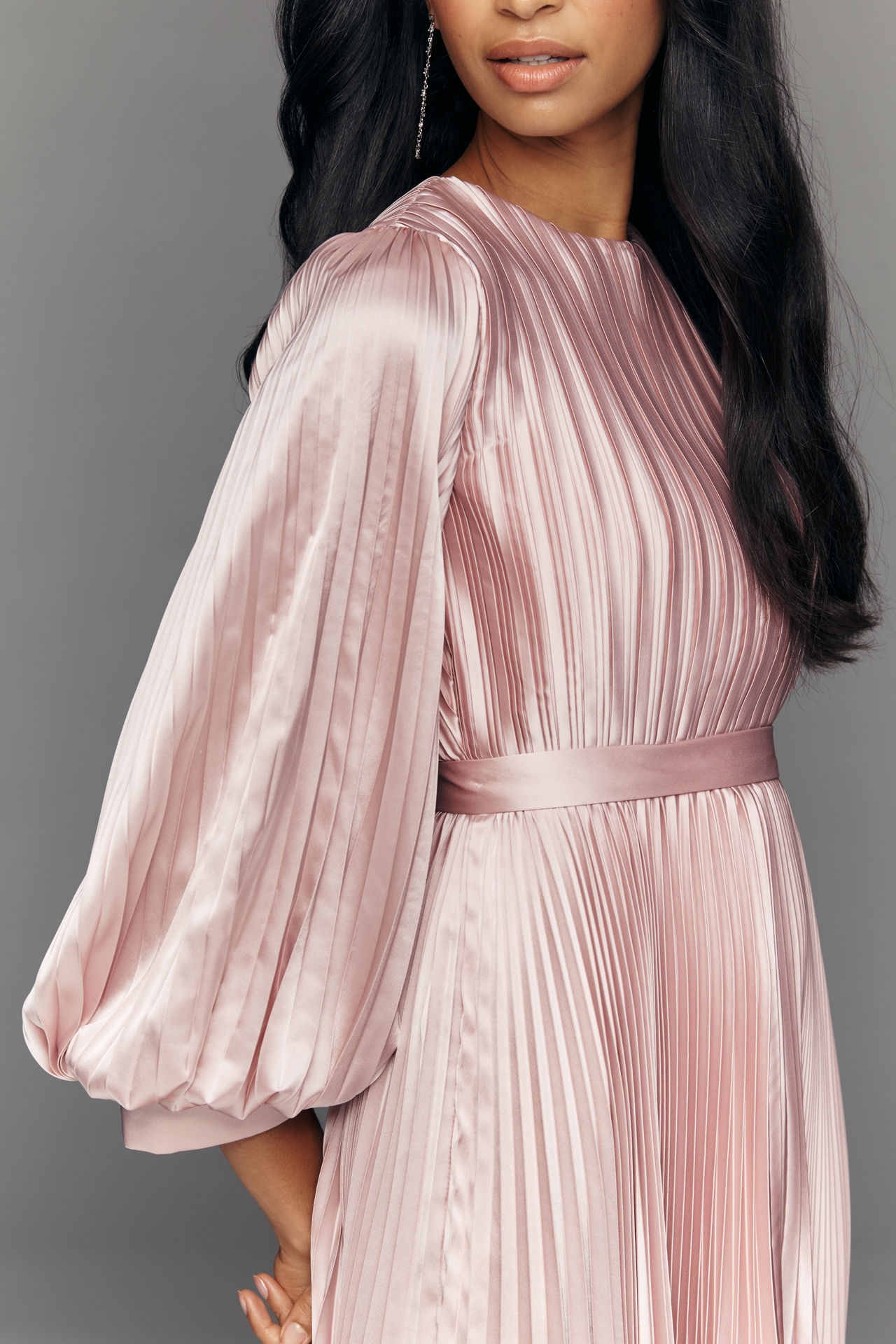 Mac Duggal Pleated Charmeuse Long-Sleeve Midi Dress