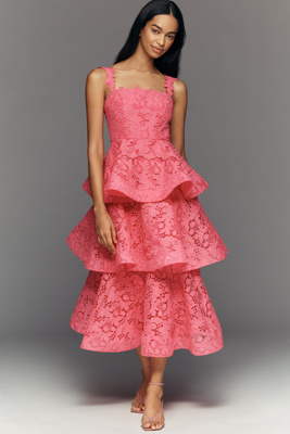 Leena Tiered Lace Square-Neck Midi Dress