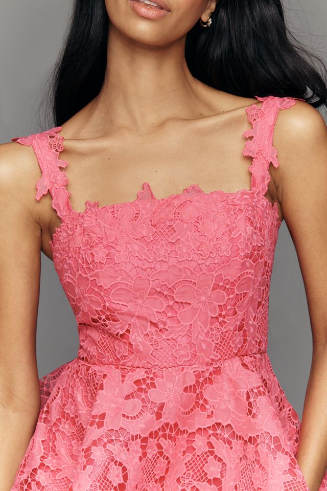 Mac Duggal Embroidered Lace Ruffle Midi Dress - Hot Pink