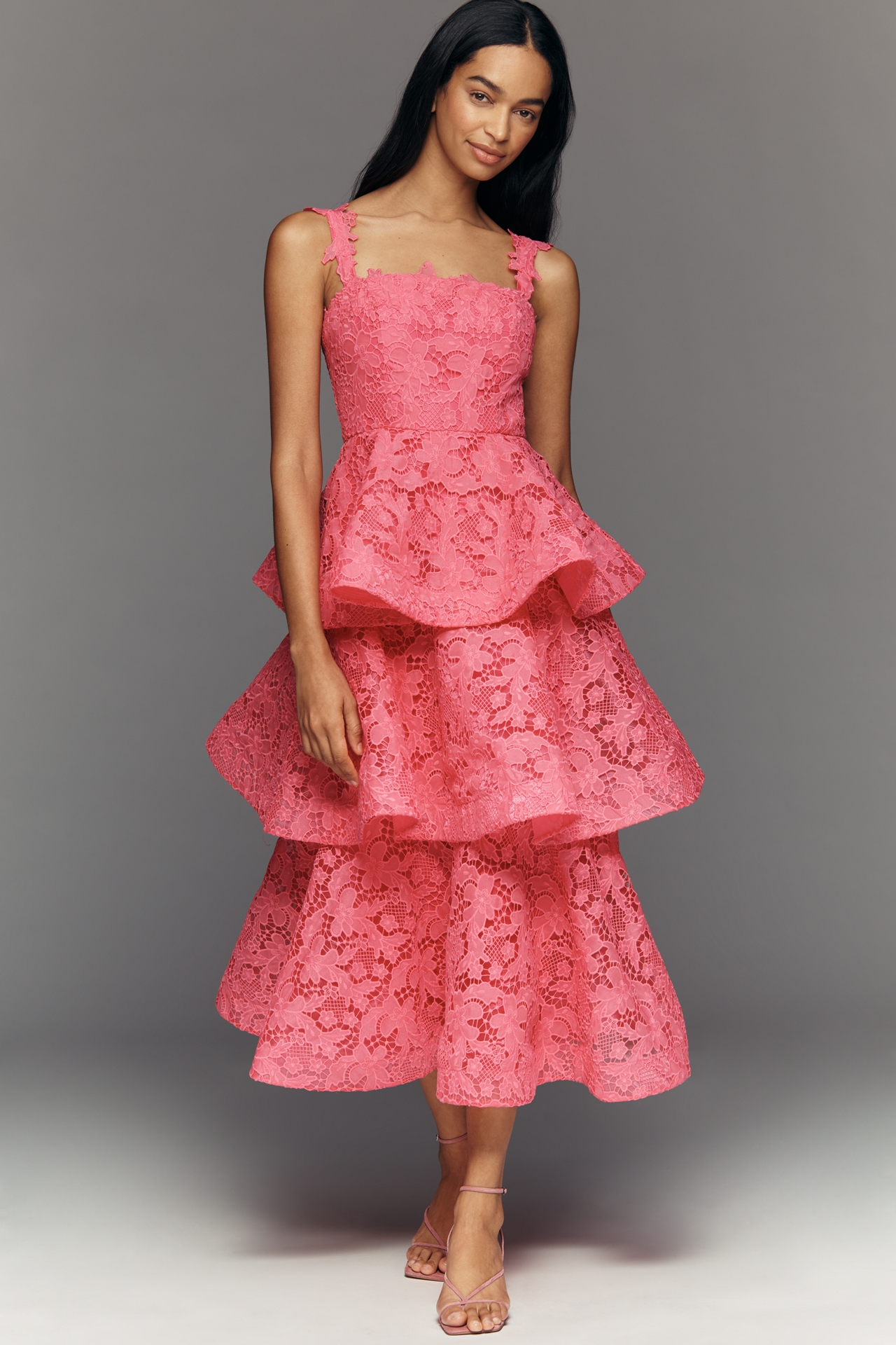 Mac Duggal Leena Tiered Lace Square-Neck Midi Dress