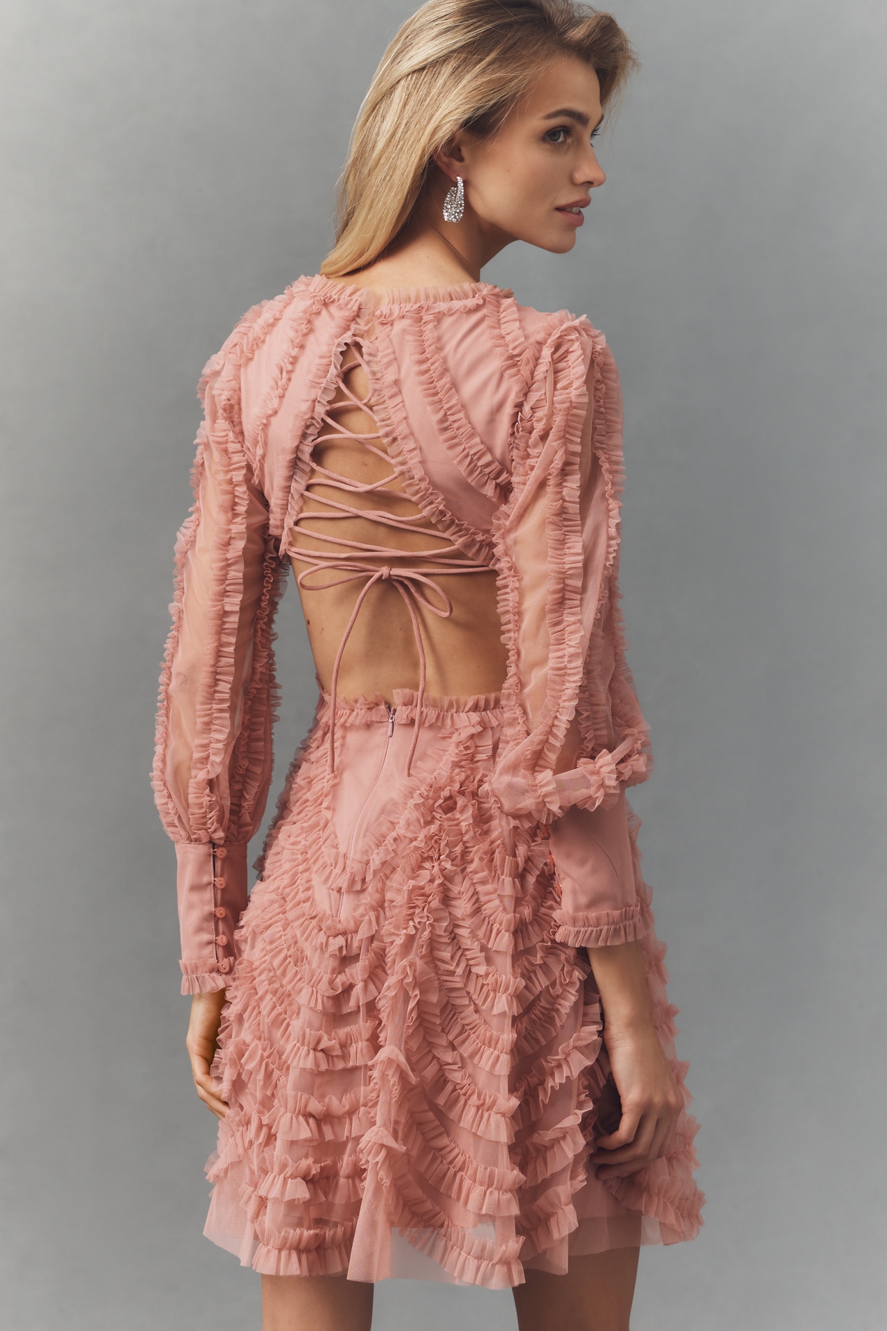 Mac Duggal Long-Sleeve Ruffle Mini Dress