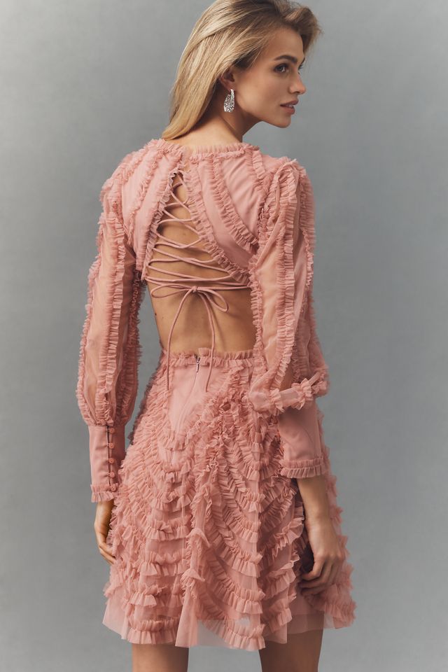 Mac Duggal - Pink Ruffle Lace Up Back Long Sleeve Mini Dress - Rose / US 6