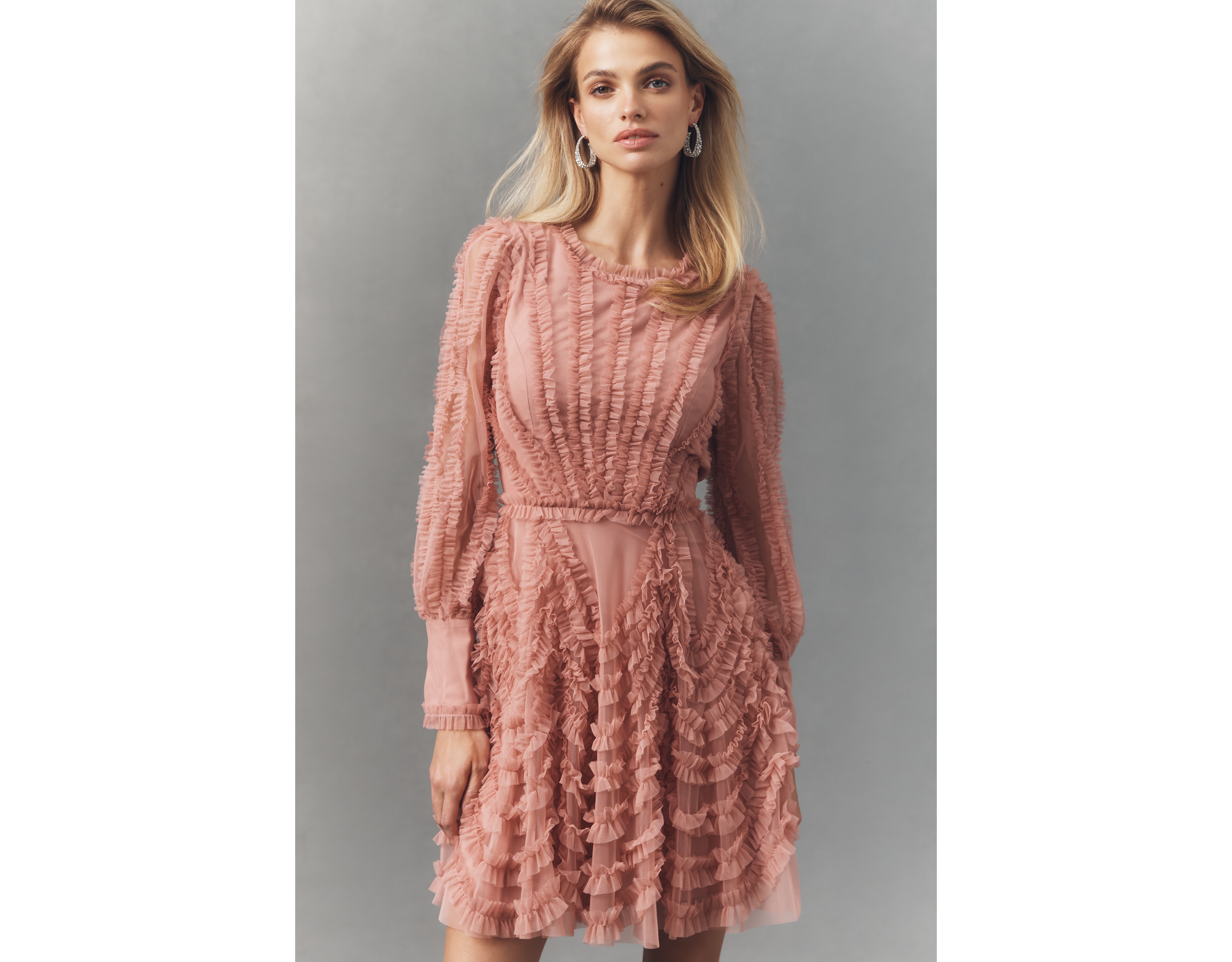 Mac Duggal Long-Sleeve Ruffle Mini Dress