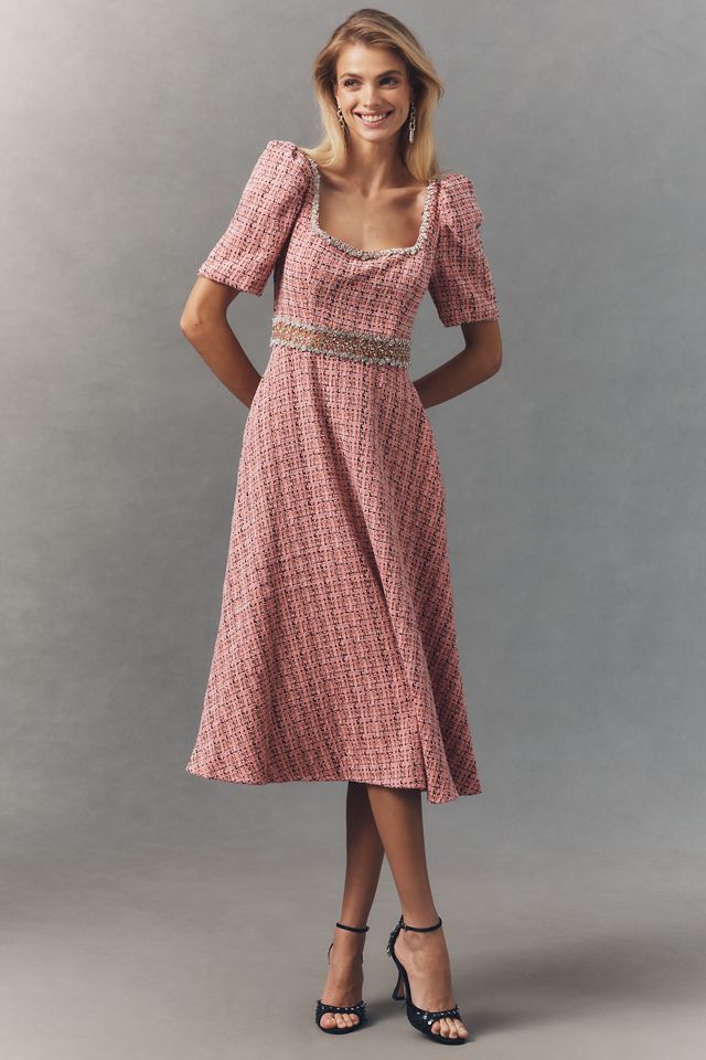Ieena for Mac Duggal Tweed Square-Neck Midi Dress #2