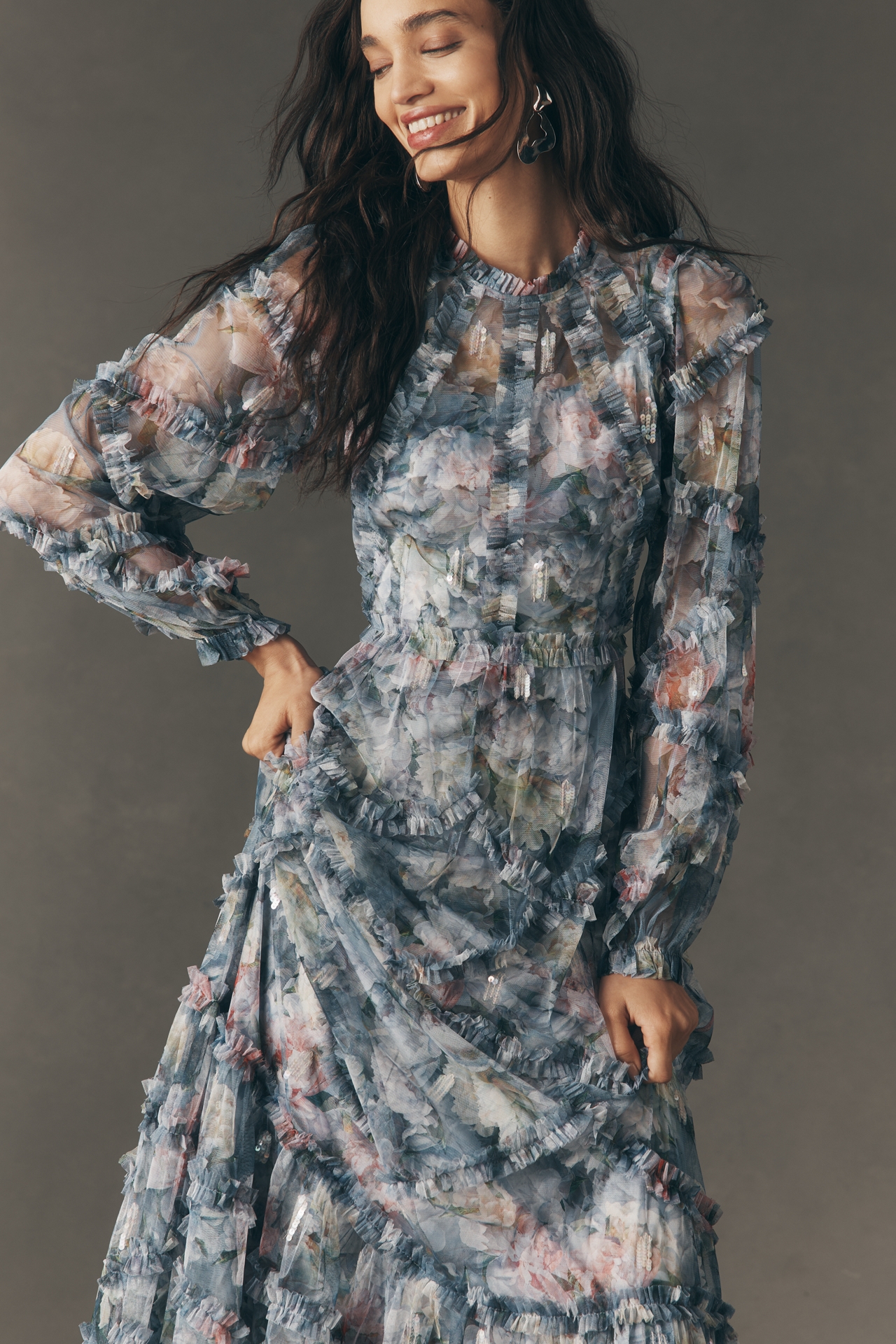 Mac Duggal Long-Sleeve Ruffle Maxi Dress