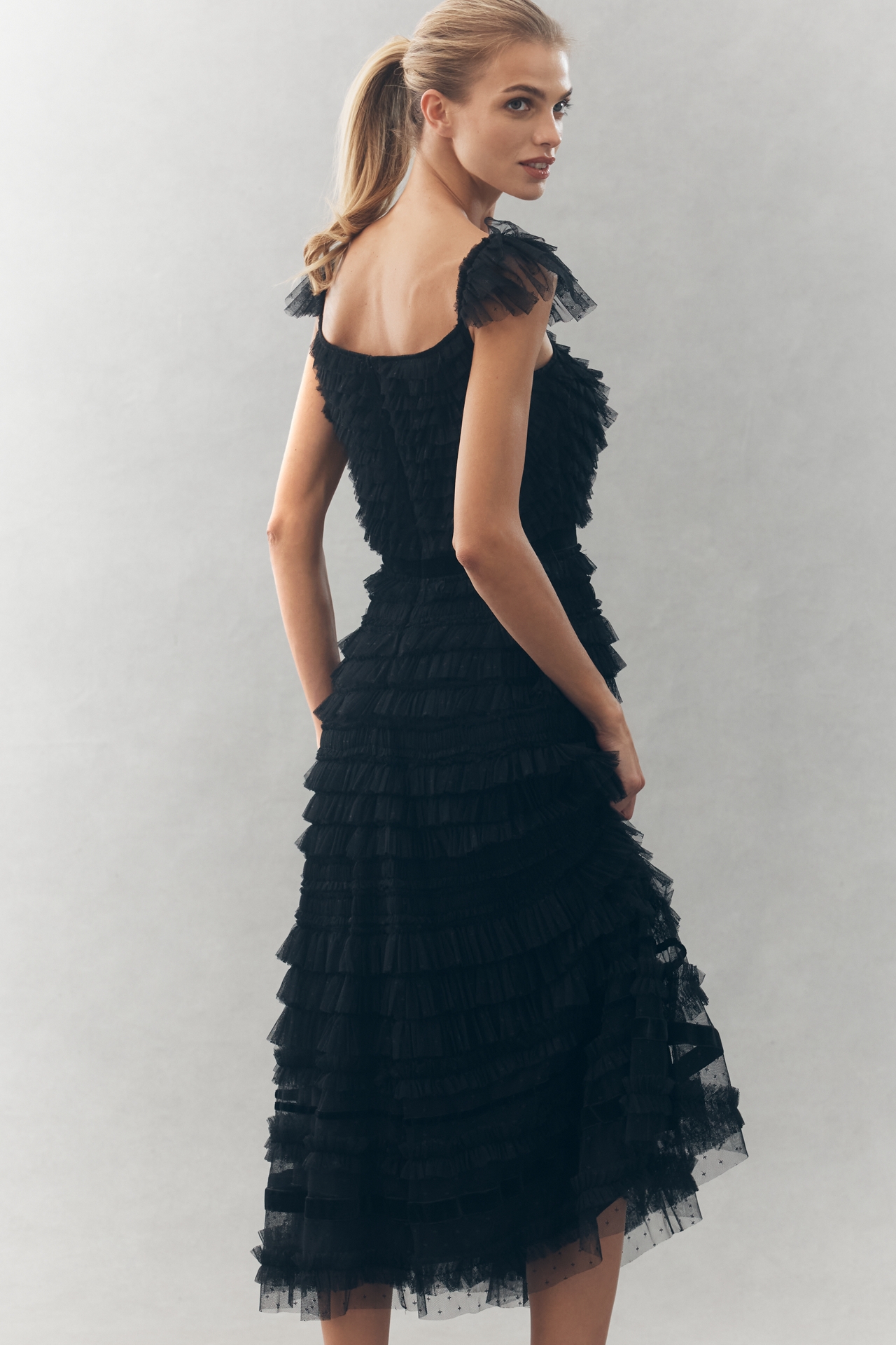 Mac Duggal Sleeveless Tulle Ruffle Midi Dress