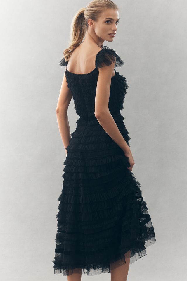 mac duggal a line deep v ruffled tulle midi dress Reneane Black Long Sleeve Midi A-Line Dress