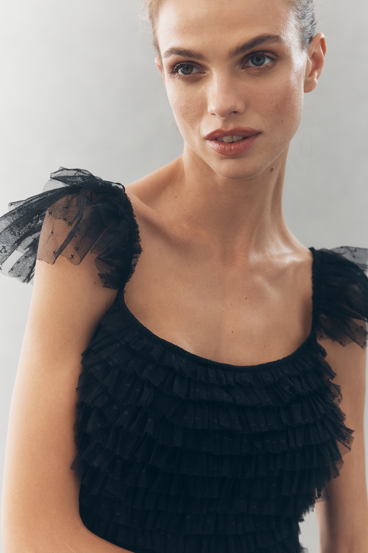 Mac Duggal Sleeveless Tulle Ruffle Midi Dress