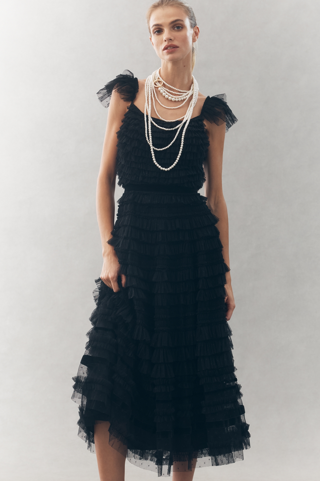 Mac Duggal Sleeveless Tulle Ruffle Midi Dress