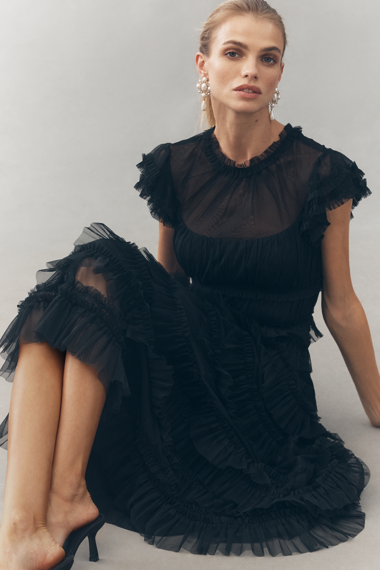 Mac Duggal Ruffled Short-Sleeve Midi Dress