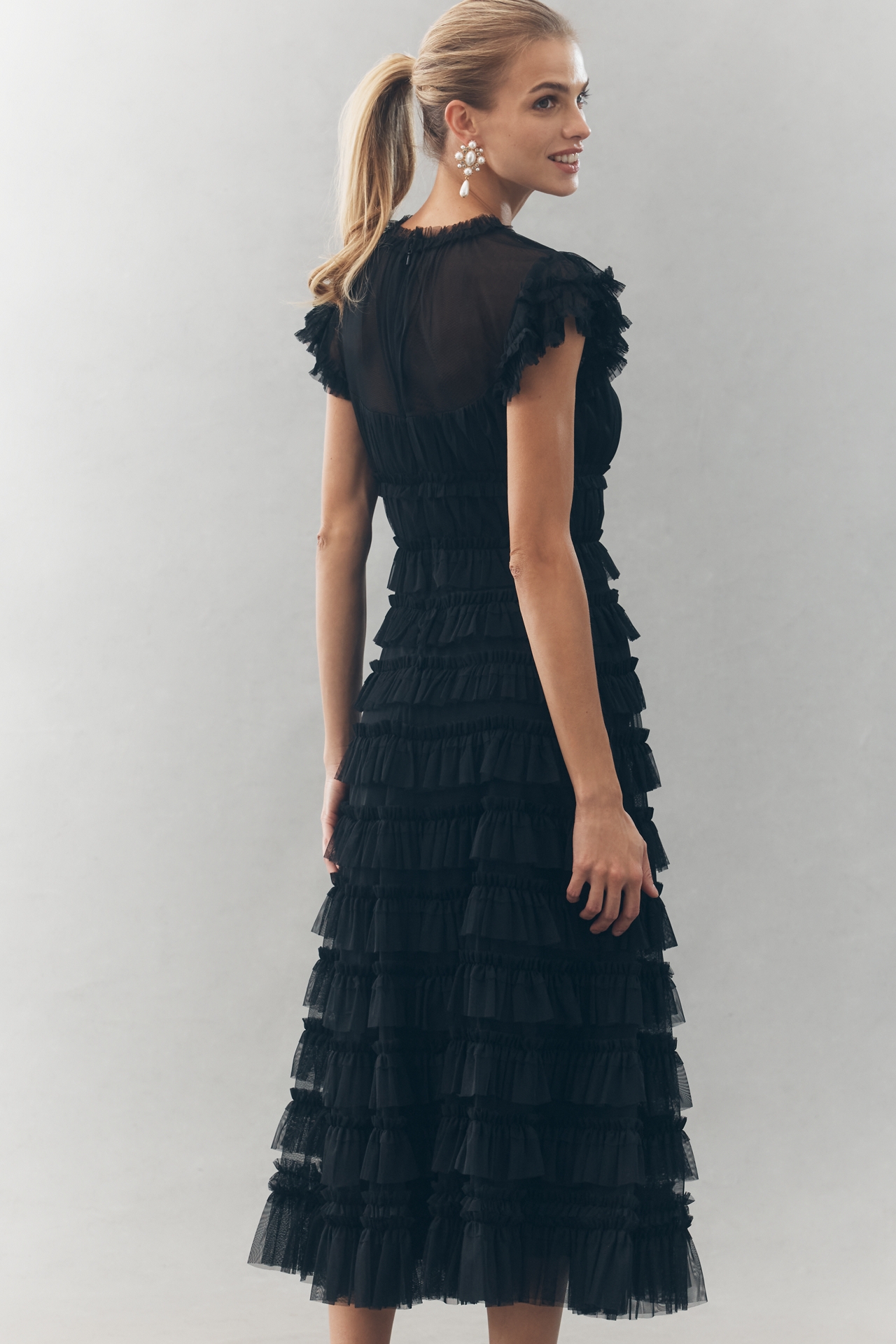 Mac Duggal Ruffled Short-Sleeve Midi Dress