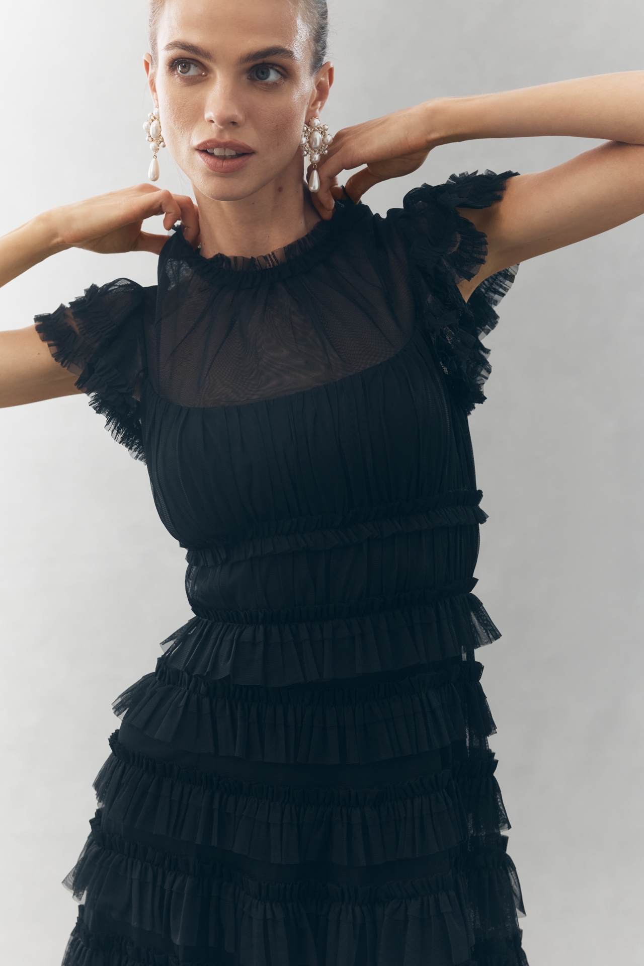 Mac Duggal Ruffled Short-Sleeve Midi Dress