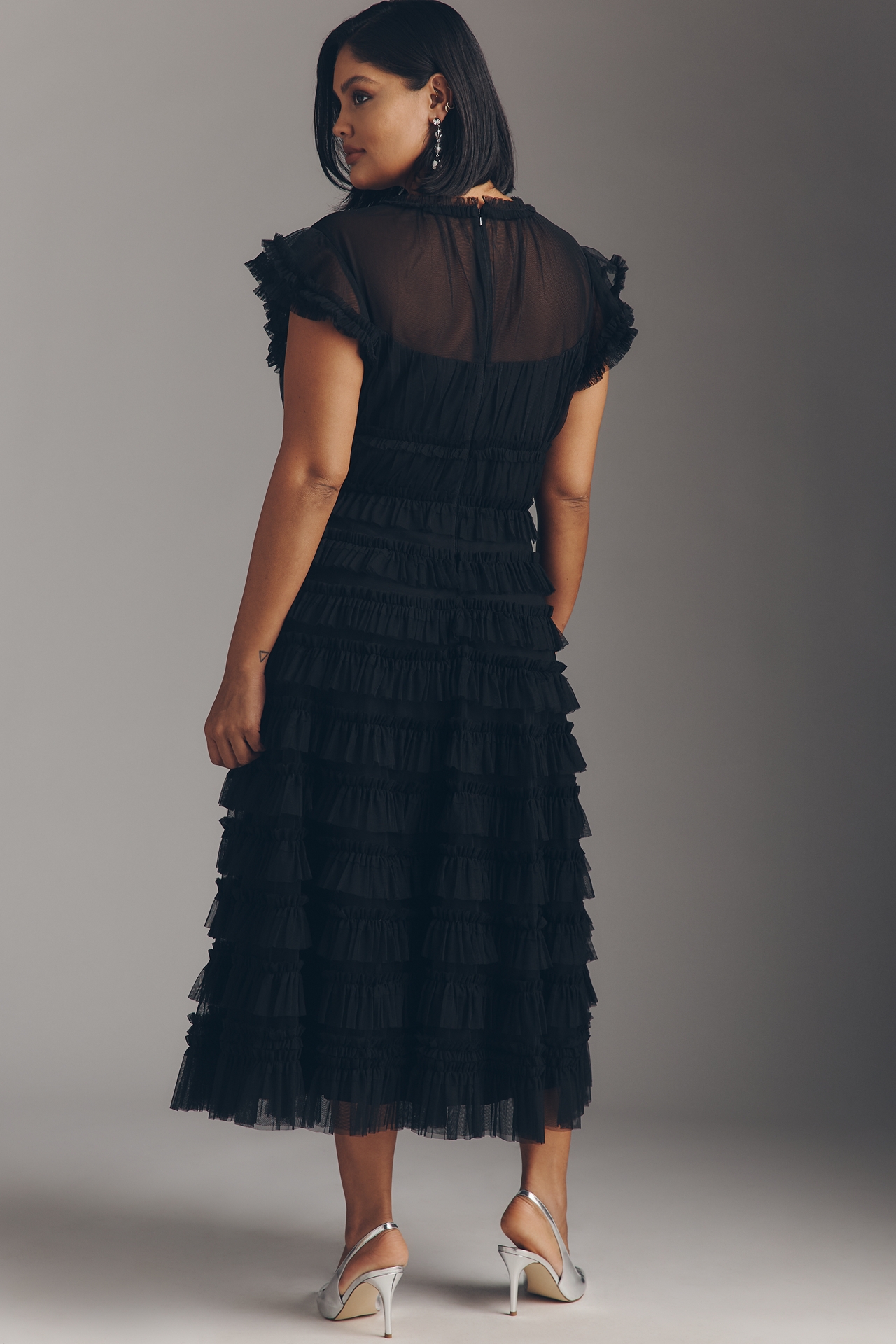 Mac Duggal Ruffled Short-Sleeve Midi Dress