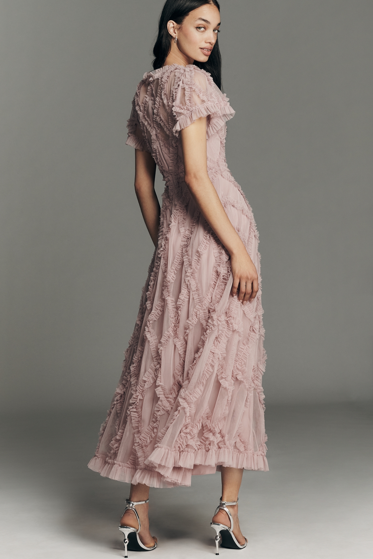 Mac Duggal Short-Sleeve Crosshatch Maxi Dress