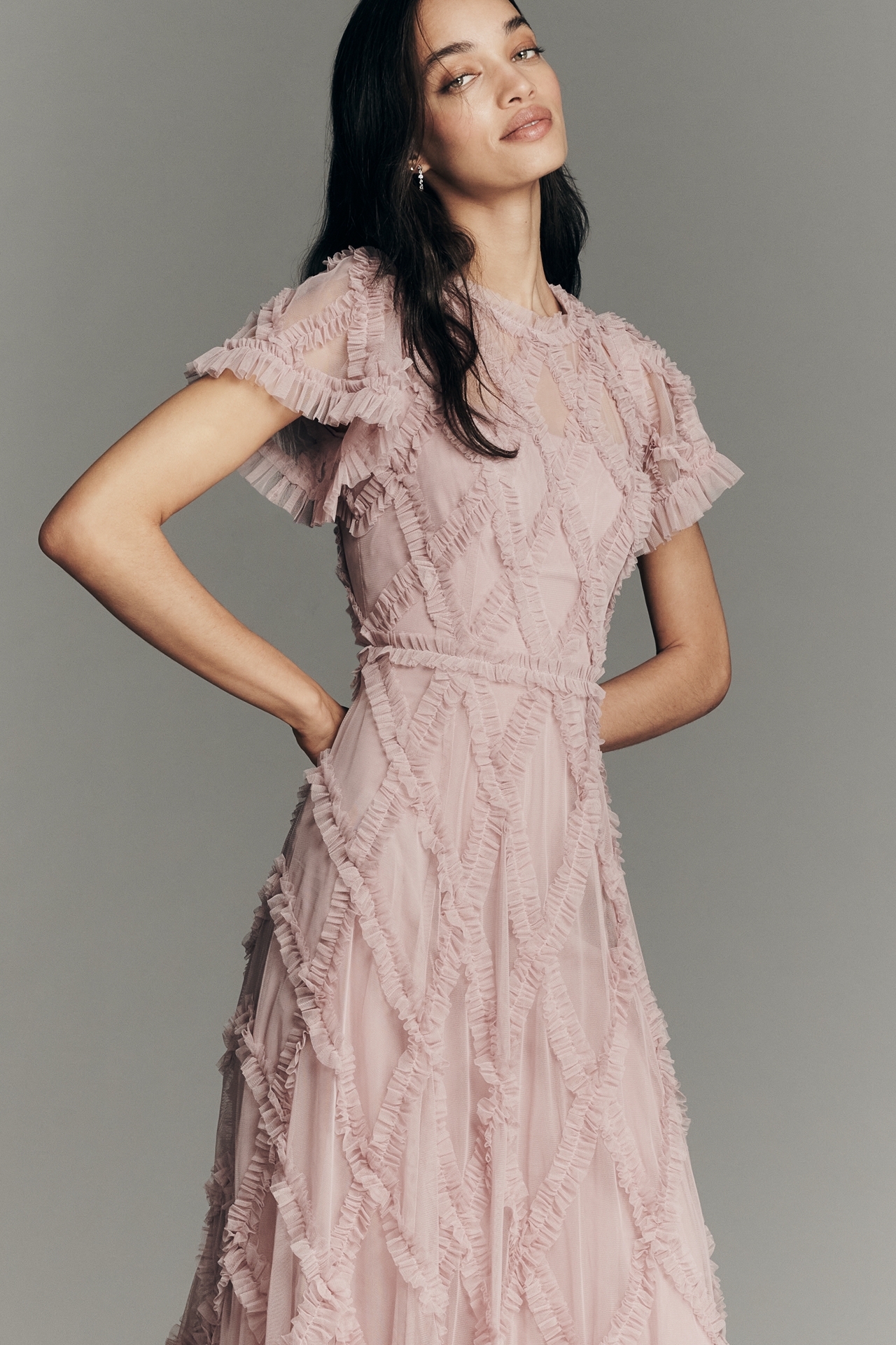 Mac Duggal Short-Sleeve Crosshatch Maxi Dress