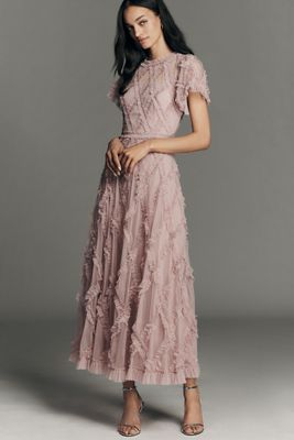 embroidered bodycon dress Light Pink Floral Embellished Flutter Sleeve A-Line Gown main image 1