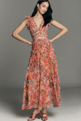 Mac Duggal Ruffled Floral V-Neck Midi Dress