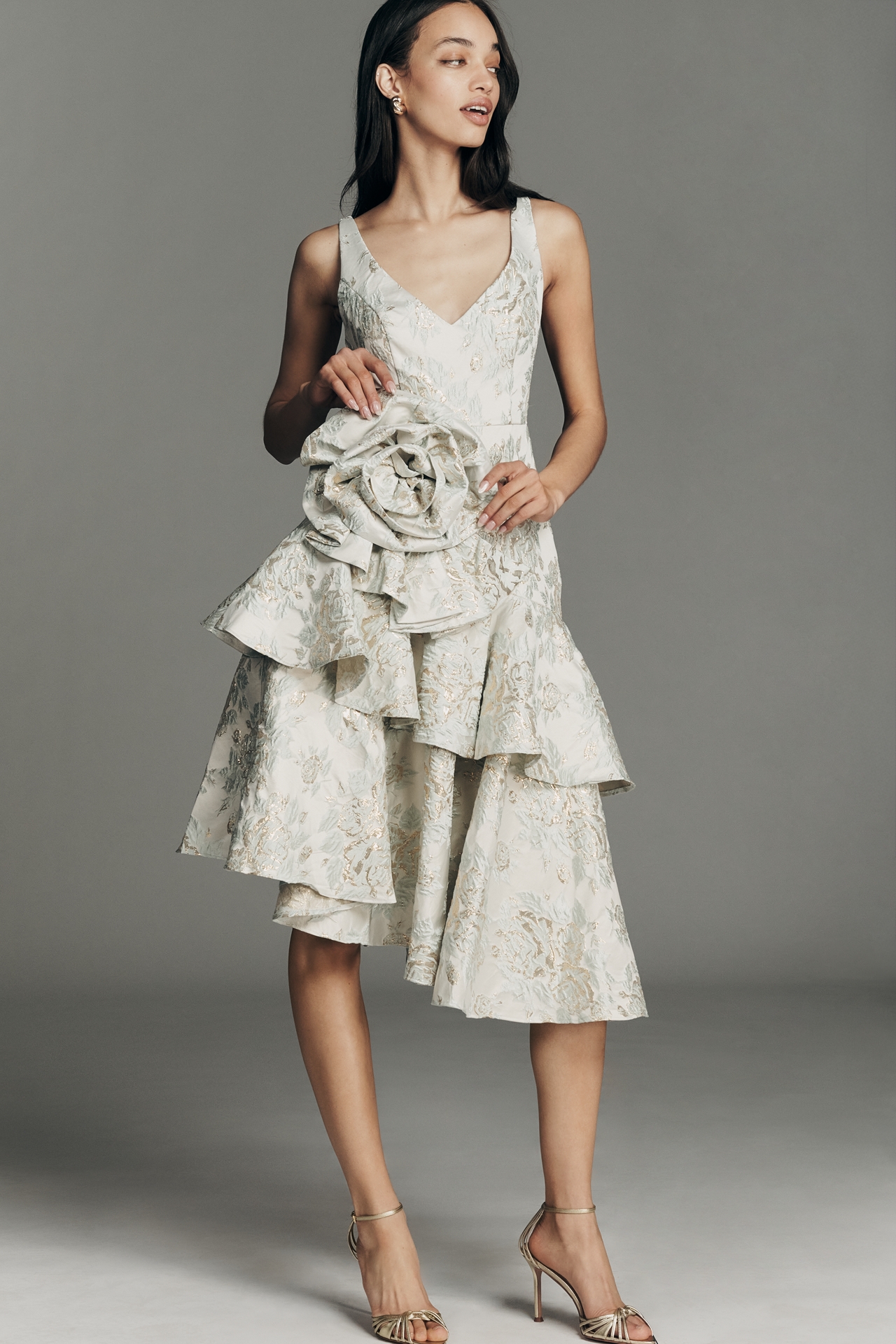 Mac Duggal 3D Floral Tiered Brocade Midi Dress