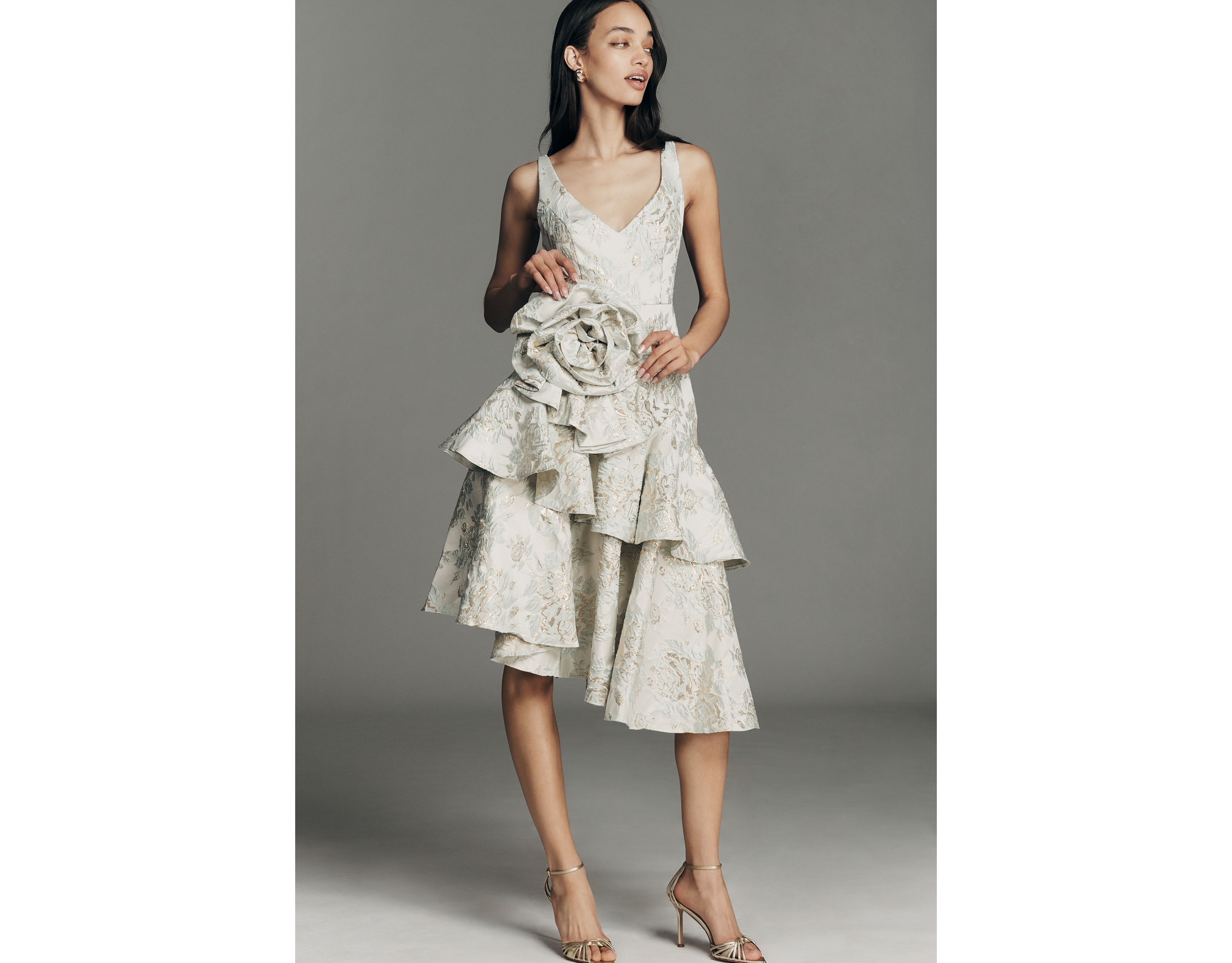 Mac Duggal 3D Floral Tiered Brocade Midi Dress