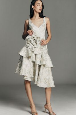 Mac Duggal 3D Floral Tiered Brocade Midi Dress