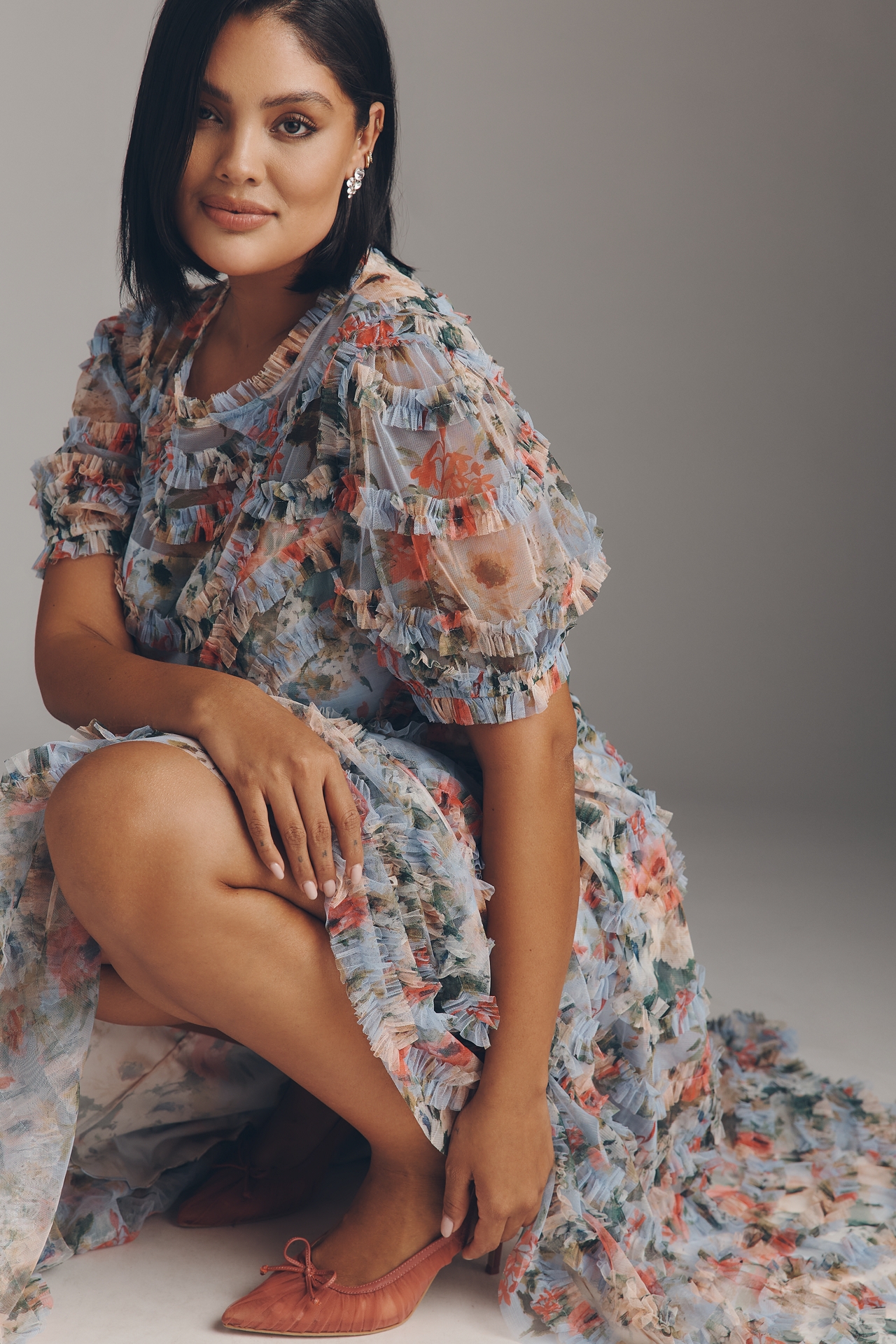 Mac Duggal Short-Sleeve A-Line Midi Dress