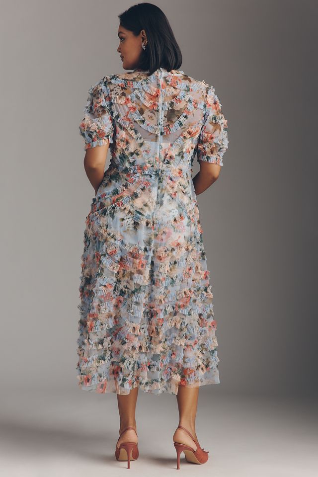 Floral Mesh Ruffle High Neck Midi Dress - Mac Duggal Blue Multi / US 4