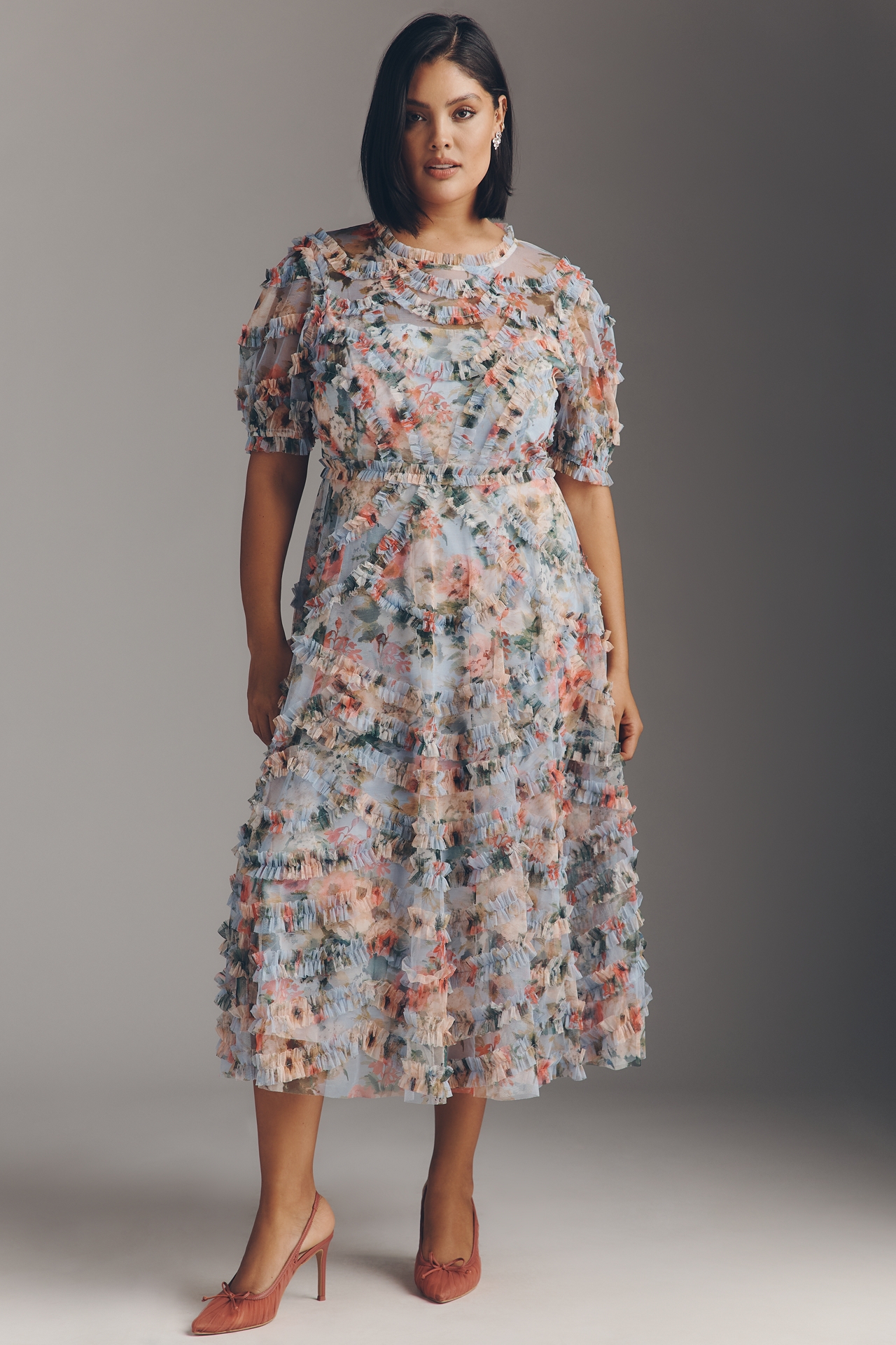 Mac Duggal Short-Sleeve A-Line Midi Dress