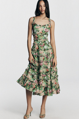 Mac Duggal - Green Ruffle Floral Square Neck Midi Dress - Green Multi / US 10