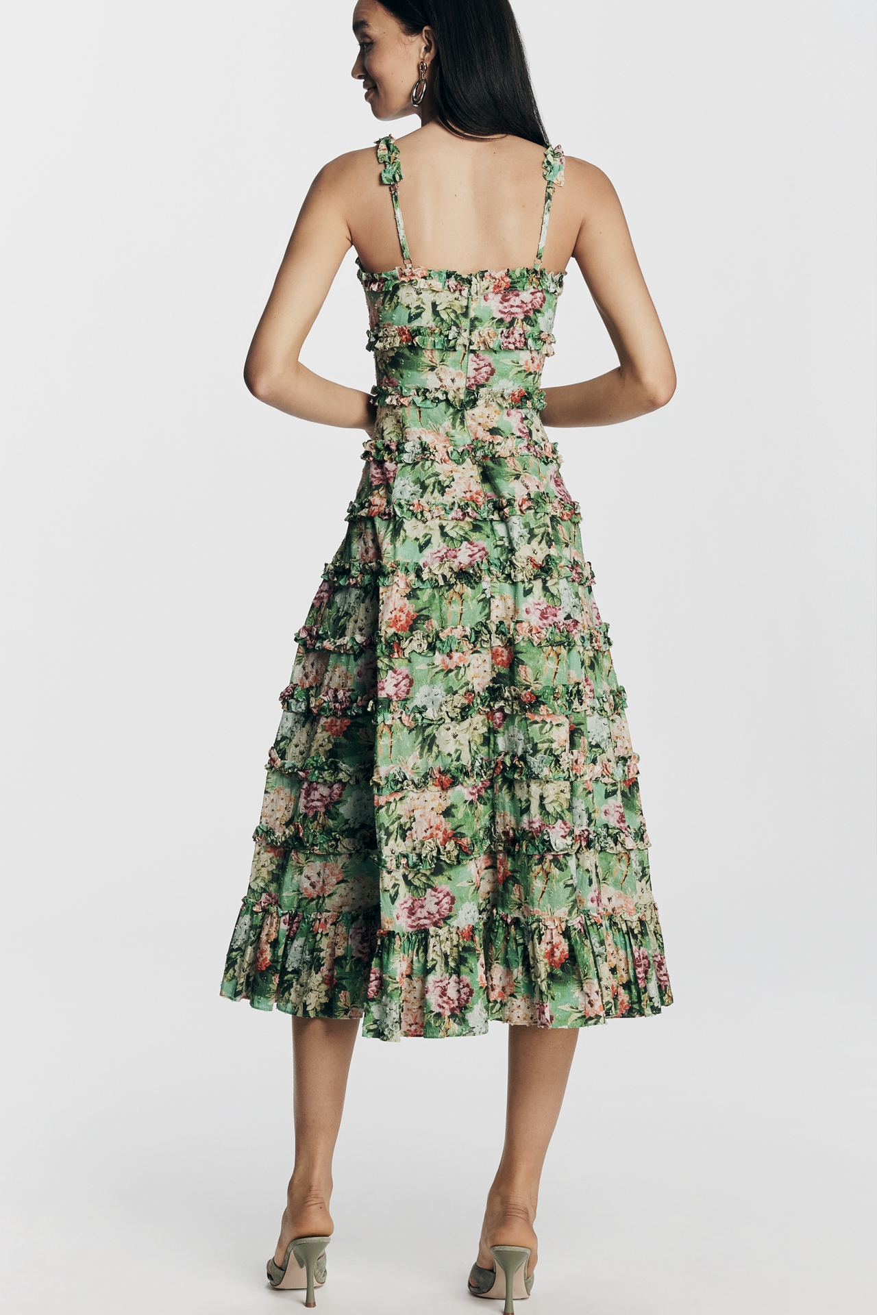 Mac Duggal Floral Square-Neck Ruffle Cotton Midi Dress
