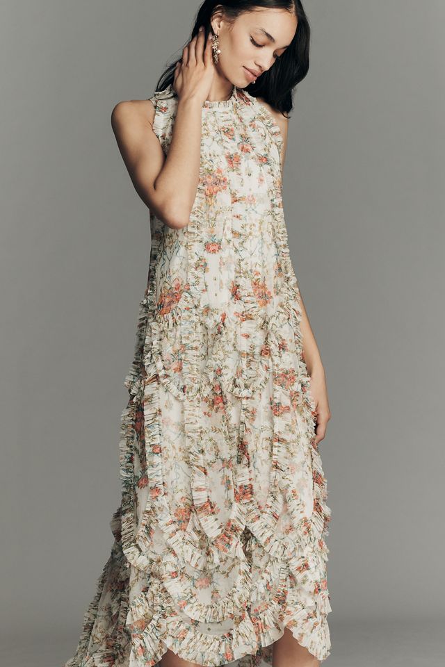 Mac Duggal - Ivory Sleeveless High Neck Ruffle Floral Dress - Ivory Multi / L