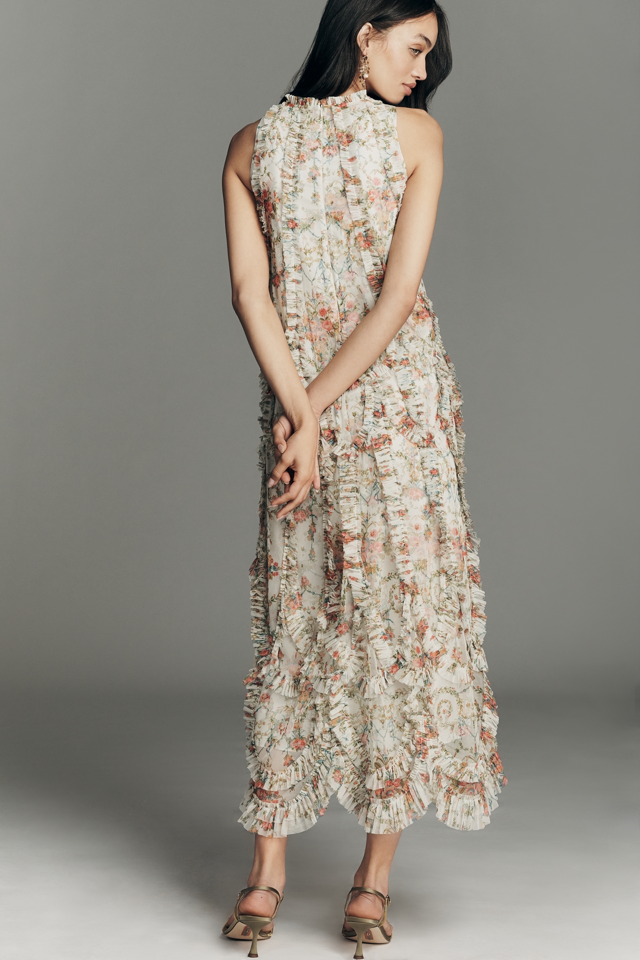 Mac Duggal Ruffle High-Neck Mesh Midi Dress