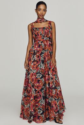Mac Duggal Square-Neck Scarf Maxi Dress