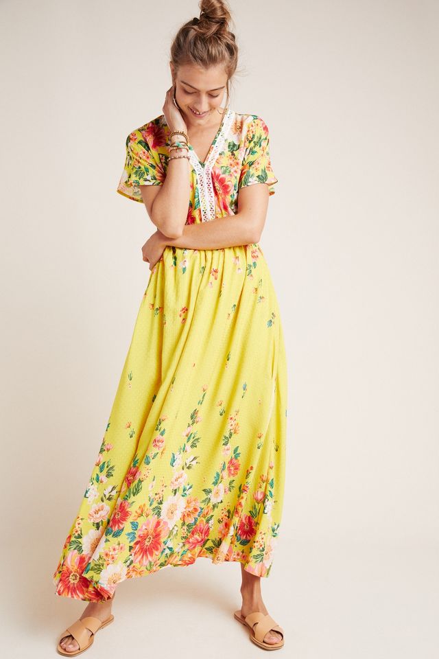 Anthropologie FARM Rio Floral Yellow Boho Maxi Dress Size popular Medium