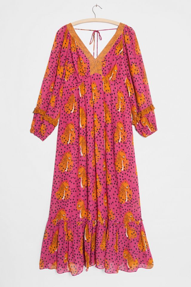 open lace back dress Farm Rio Baby Leopard Ruffle Long Sleeve Maxi Shirtdress in Baby Leopard Pink at Nordstrom, Size Small main image 1