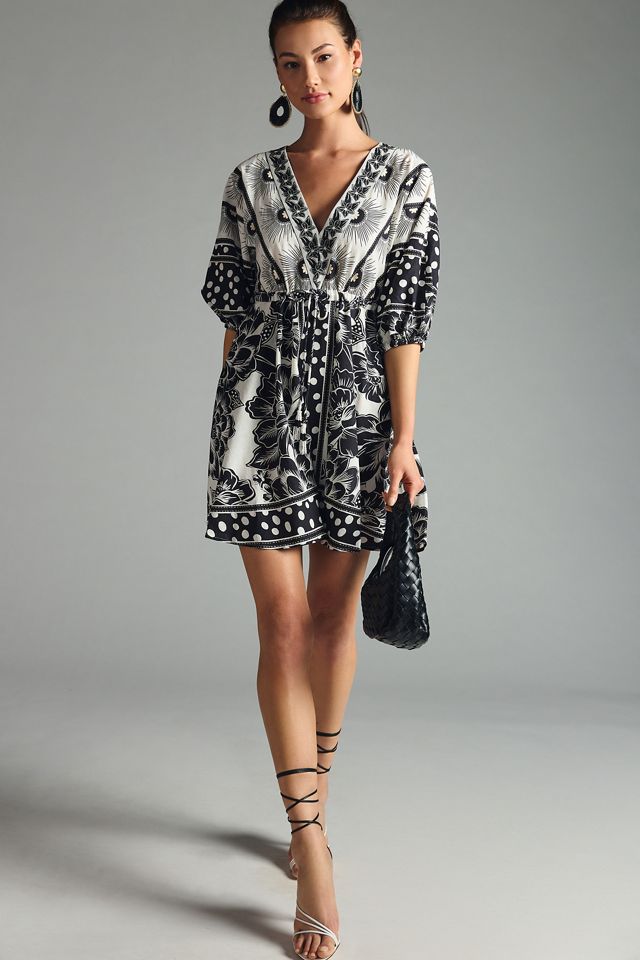 farm rio puff sleeve mini dress black and white NWT Farm Rio black and white polka dot puff sleeve