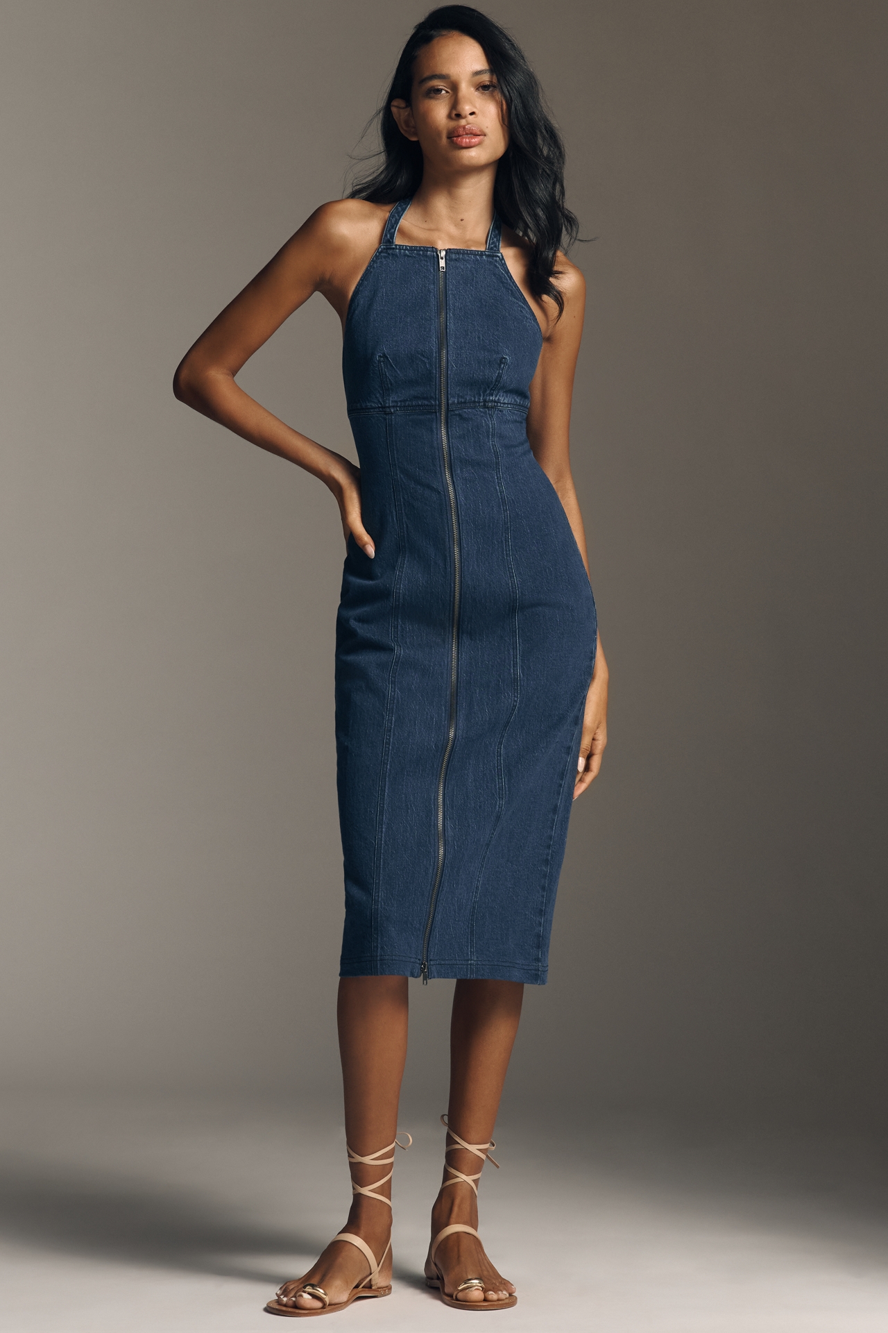 Pilcro Zip-Front Denim Halter Midi Dress
