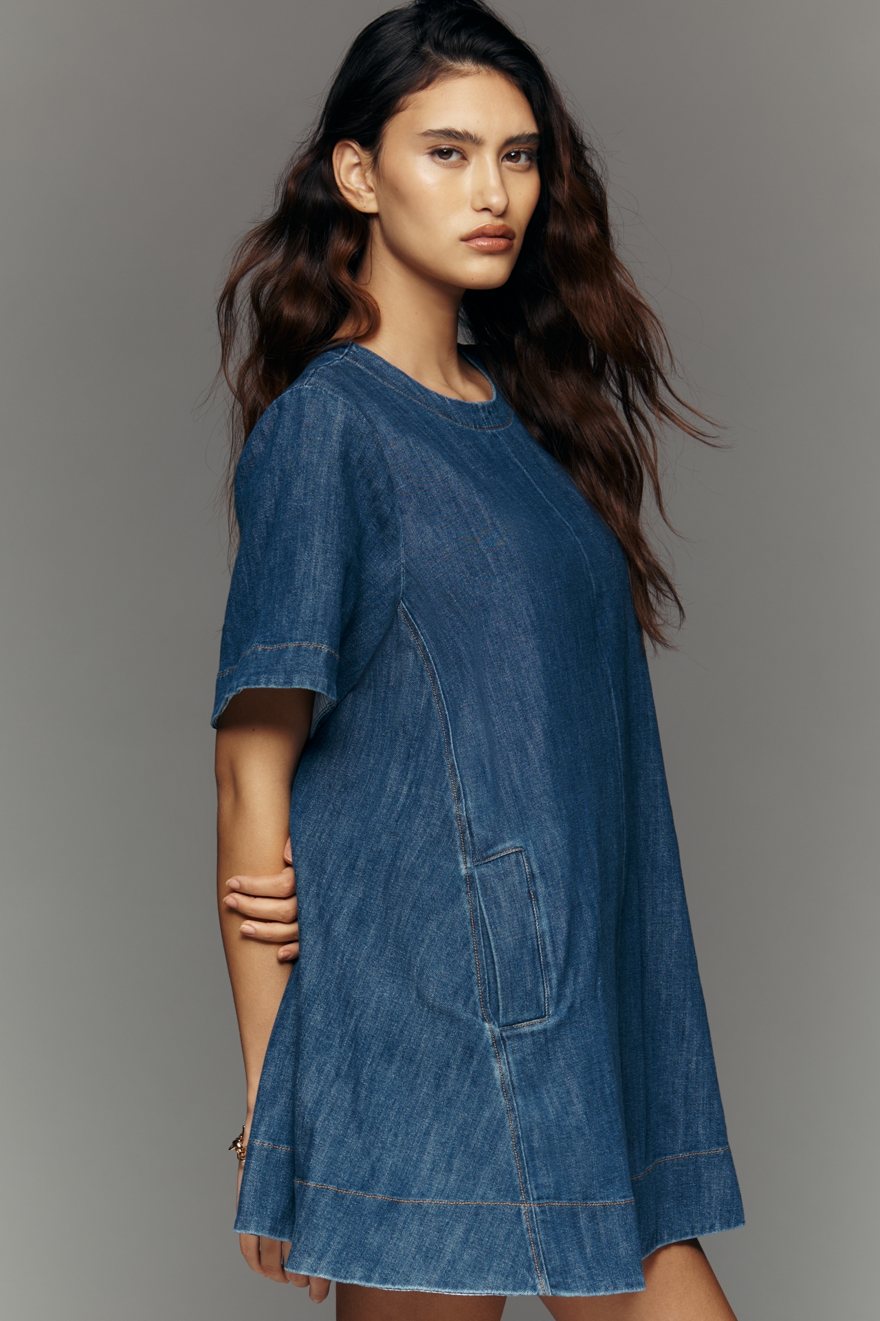 The Emmy Short-Sleeve Denim Swing Dress by Maeve