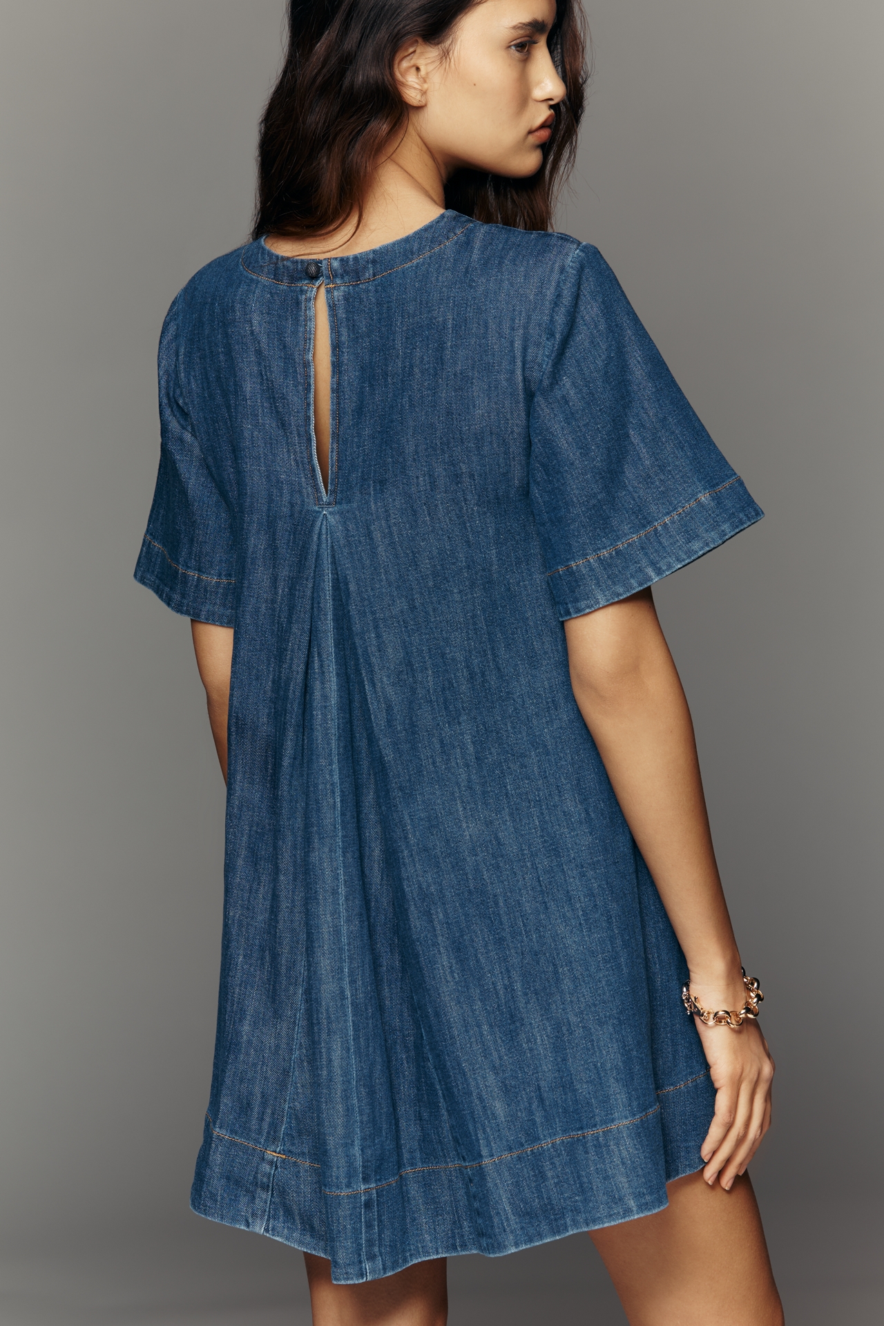 The Emmy Short-Sleeve Denim Swing Dress by Maeve