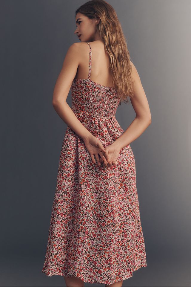 knee length dresses for ladies Livvy Strappy Linen Midi Dress Mercia Floral