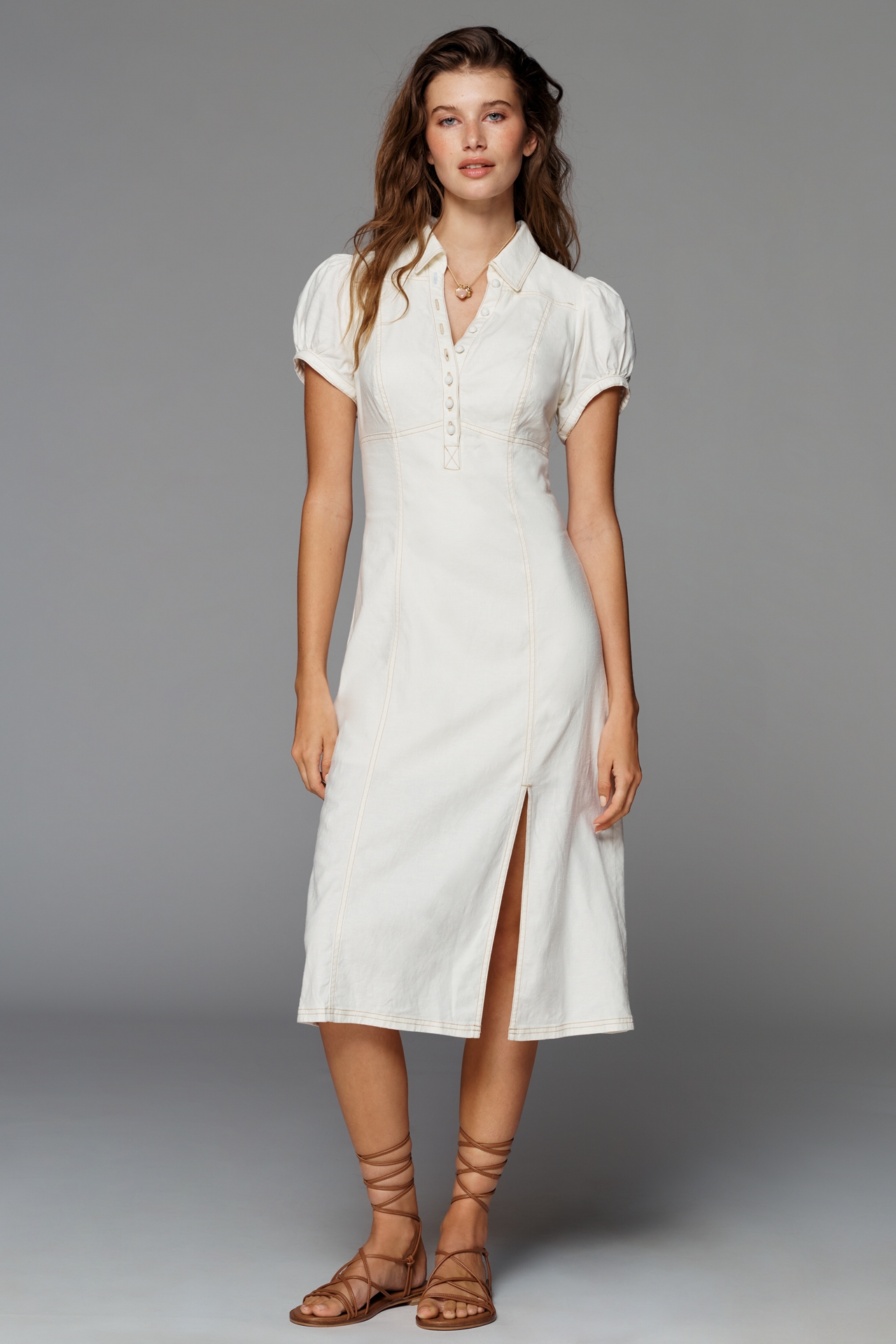 Pilcro Linen-Blend Slim Button-Front Midi Dress