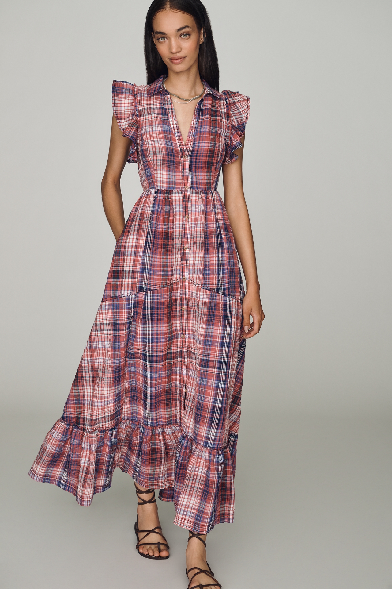Pilcro Button-Front Ruffle Maxi Dress