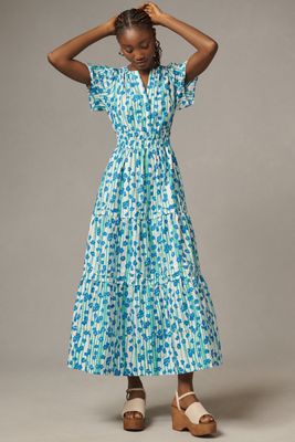 Lovaan Lorna Puff-Sleeve V-Neck Linen-Silk Maxi Dress