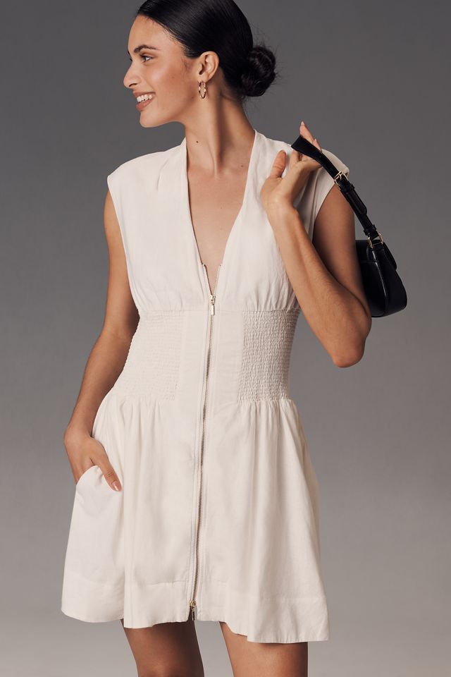 The Tommie Cap-Sleeve Smocked Front-Zip Shirt Dress: Linen Mini Edition #2