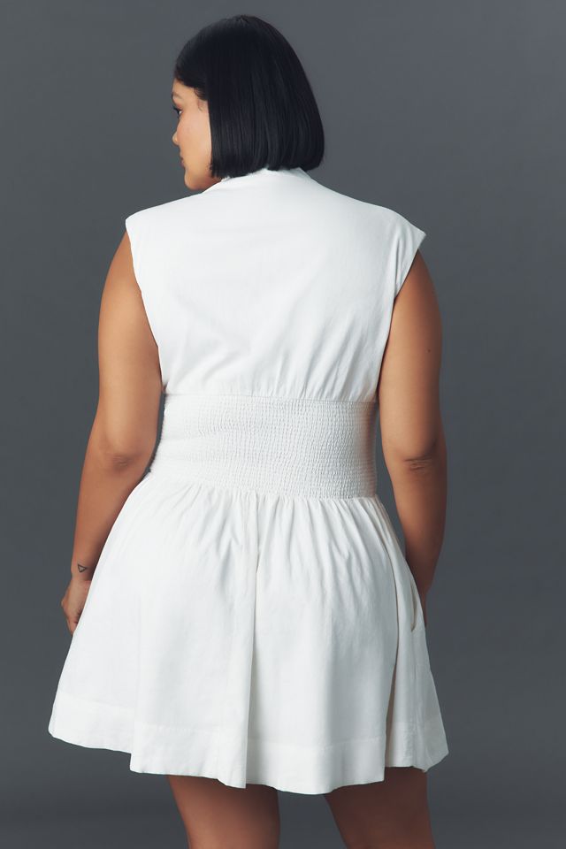 The Tommie Cap-Sleeve Smocked Front-Zip Shirt Dress: Linen Mini Edition #6