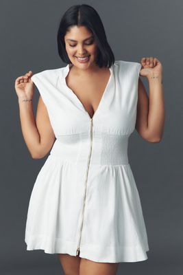 The Tommie Cap-Sleeve Smocked Front-Zip Shirt Dress: Linen Mini Edition