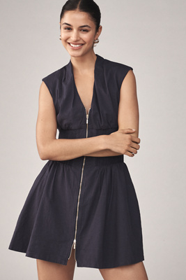 By Anthropologie The Tommie Cap-sleeve Smocked Front-zip Shirt Dress: Linen Mini Edition