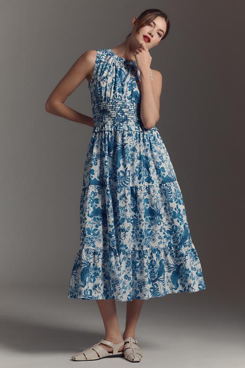 By Anthropologie Sleeveless Poplin Smocked Midi Dress